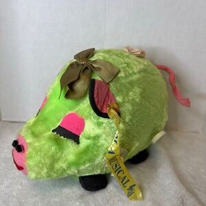 Vintage 60's Sankyo Japan Wind‎ Up Musical Green Pig Plush Toy -Frère Jacques